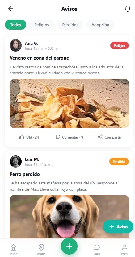 Avisos de la comunidad: alerta de peligro en el parque y aviso de perro perdido con foto