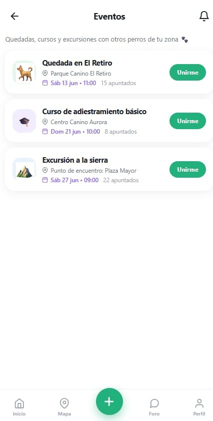 Eventos: quedada en El Retiro, curso de adiestramiento básico y excursión a la sierra con botón de unirse