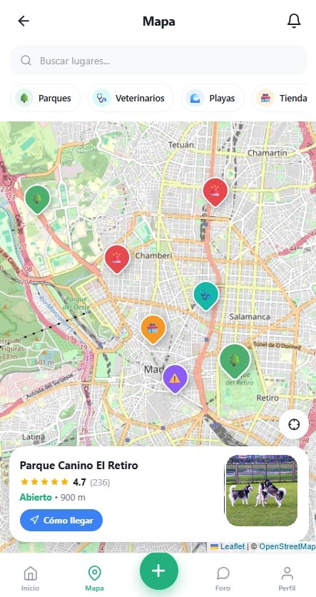Mapa de zonas pet friendly con parques, veterinarios, playas y tiendas, mostrando el Parque Canino El Retiro
