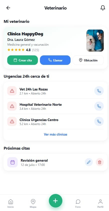 Sección veterinario con la clínica de confianza, urgencias 24 horas cercanas y próximas citas